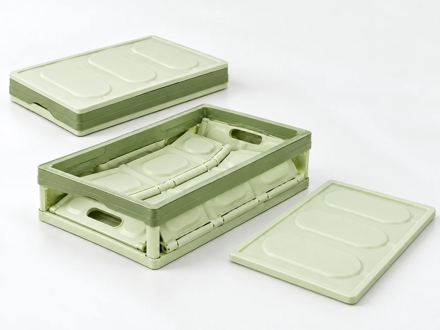 Illustration of the hinged rigid sides of a sage-green storage box folding flat
