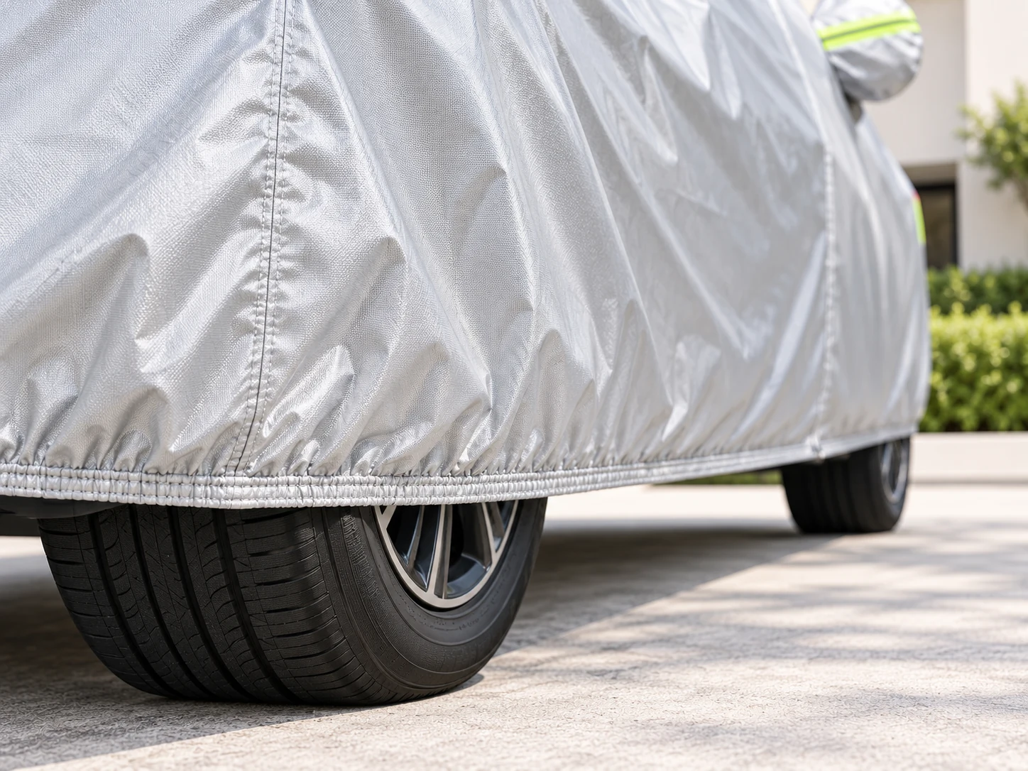 Illustration of a silver car-cover elastic hem and stitched edge near a vehicle wheel