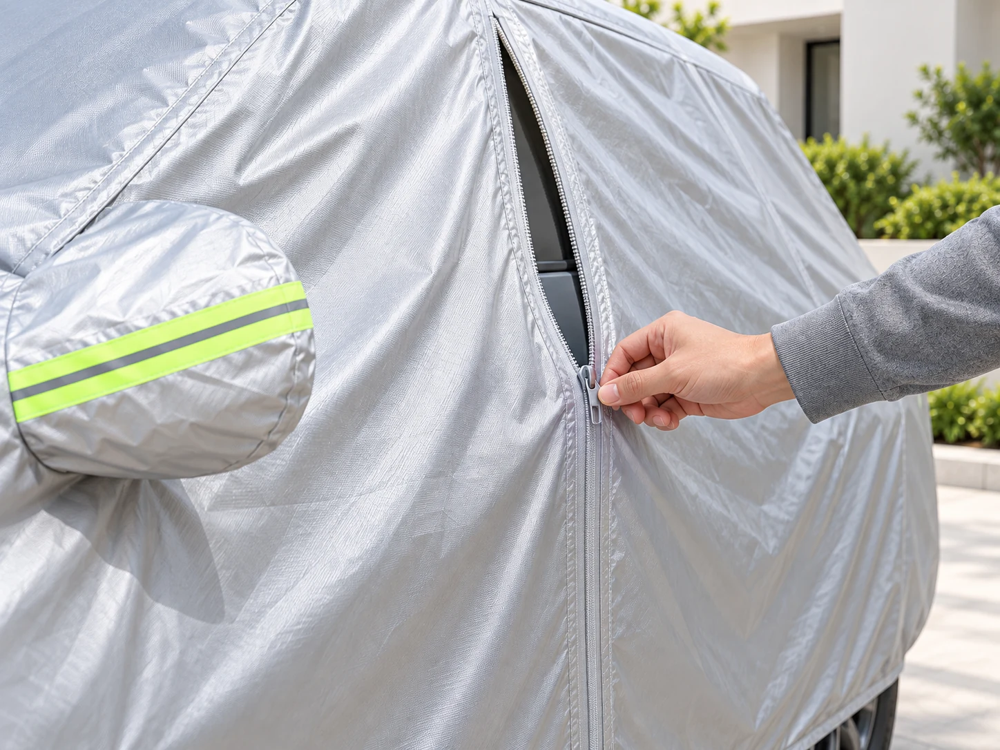 Illustration of the side-access zipper on a silver car cover