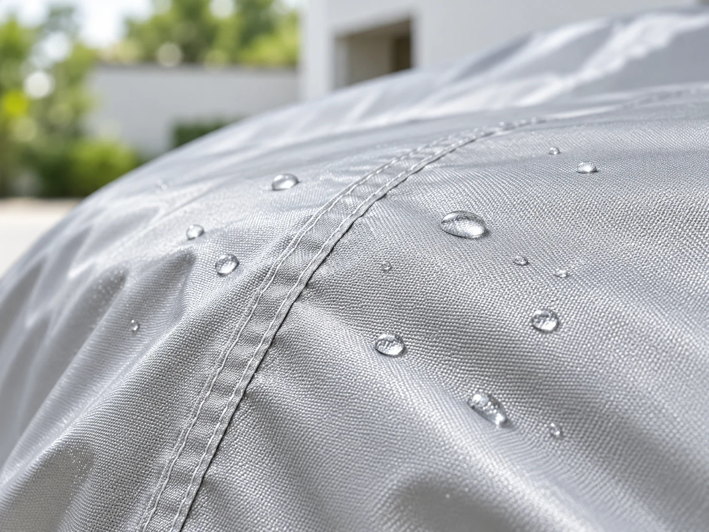 Illustration of rain droplets on silver car-cover fabric, not a waterproof test