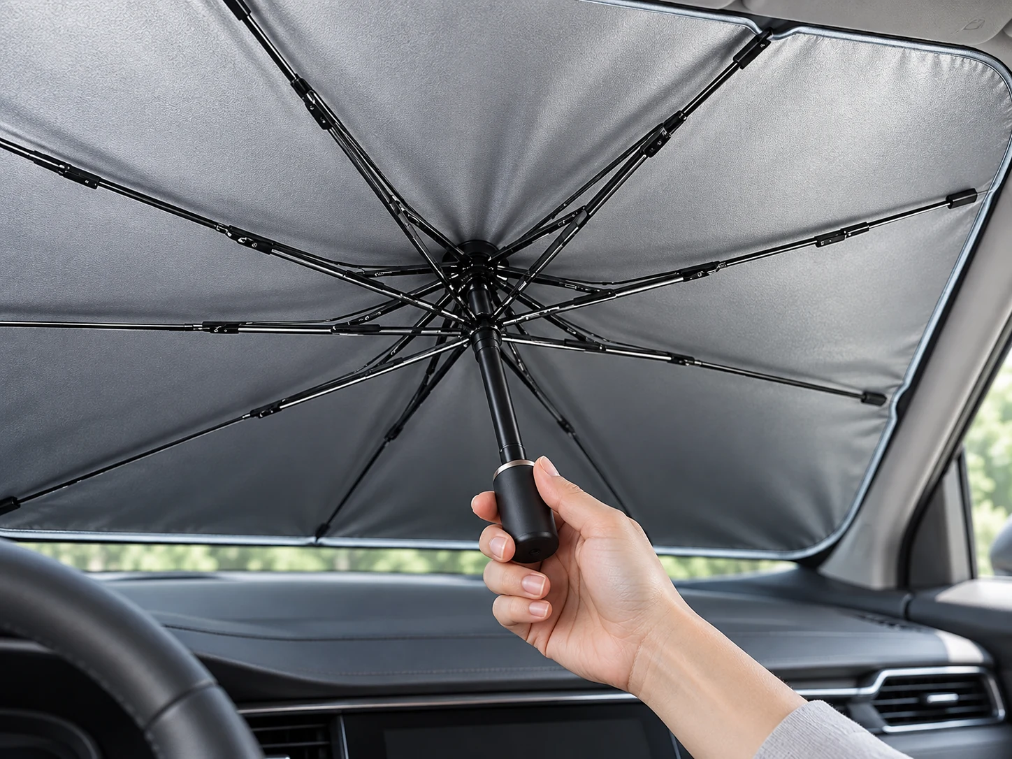 Illustration of the short handle and rib hub of an umbrella-style car sunshade